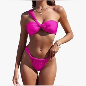 202 NWT ZAFUL 1 Shoulder Bikini Twisted Ruched High Cut Bandeau Bikini - Size: S